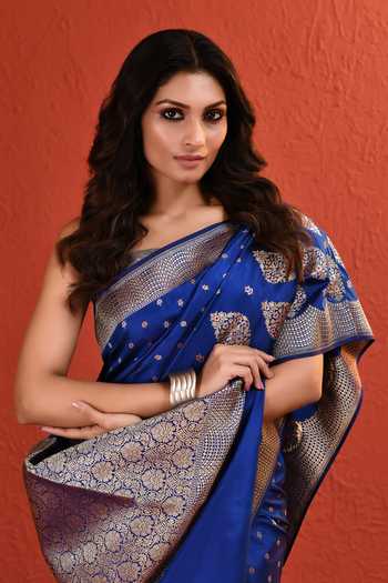 Buy_Vishwa By Pinki Sinha_Blue Silk Meenakari Saree With Running Blouse _Online_at_Aza_Fashions