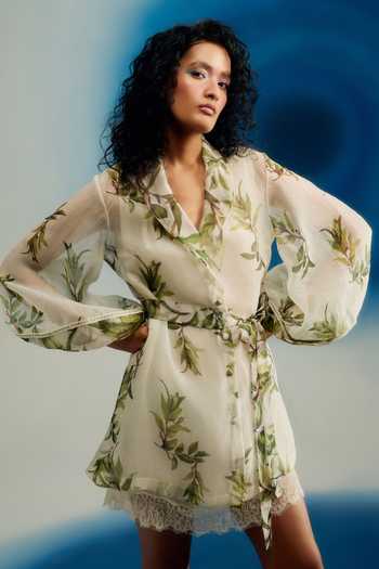 Shriya Som Ivory Organza Shawl Neck Trench Dress With Belt Online at Aza Fashions Shriya Som_Ivory Organza Shawl Neck Trench Dress With Belt _Online_at_Aza_Fashions