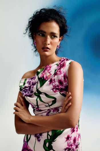Buy Shriya Som Purple Satin Asymmetric Neck, One Shoulder Off Printed Dress Online at Aza Fashions Buy_Shriya Som_Purple Satin Asymmetric Neck, One Shoulder Off Printed Dress _Online_at_Aza_Fashions