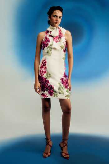 Shriya Som White Crepe Shawl Neck Wild Wisteria Print Short Dress Online at Aza Fashions Shriya Som_White Crepe Shawl Neck Wild Wisteria Print Short Dress _Online_at_Aza_Fashions