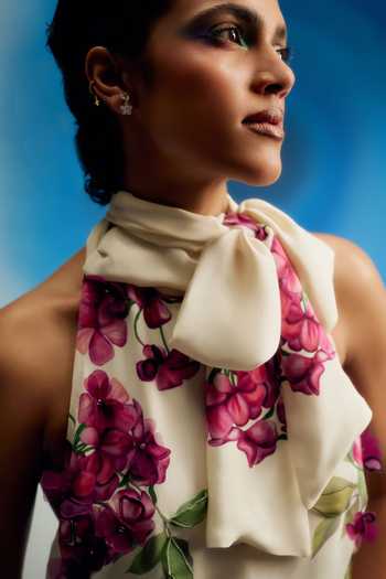 Buy Shriya Som White Crepe Shawl Neck Wild Wisteria Print Short Dress Online at Aza Fashions Buy_Shriya Som_White Crepe Shawl Neck Wild Wisteria Print Short Dress _Online_at_Aza_Fashions