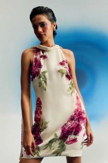 Shop Shriya Som White Crepe Shawl Neck Wild Wisteria Print Short Dress Online at Aza Fashions Shop_Shriya Som_White Crepe Shawl Neck Wild Wisteria Print Short Dress _Online_at_Aza_Fashions