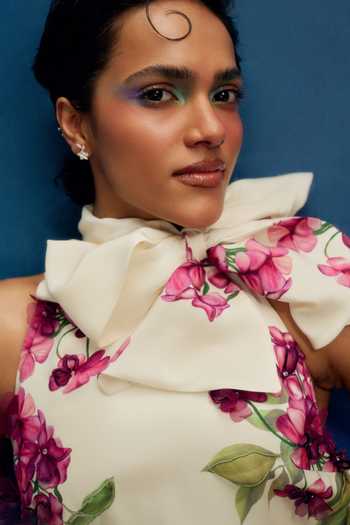 Shriya Som White Crepe Shawl Neck Wild Wisteria Print Short Dress at Aza Fashions Shriya Som_White Crepe Shawl Neck Wild Wisteria Print Short Dress _at_Aza_Fashions