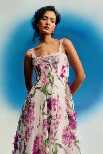 Shriya Som White Organza Square Neck Wild Wisteria Print Dress Online at Aza Fashions Shriya Som_White Organza Square Neck Wild Wisteria Print Dress _Online_at_Aza_Fashions