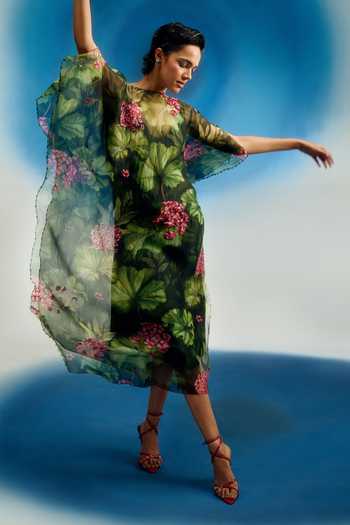Shriya Som Green Organza Boat Neck Floral Print Dress Online at Aza Fashions Shriya Som_Green Organza Boat Neck Floral Print Dress _Online_at_Aza_Fashions