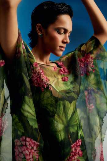Buy Shriya Som Green Organza Boat Neck Floral Print Dress Online at Aza Fashions Buy_Shriya Som_Green Organza Boat Neck Floral Print Dress _Online_at_Aza_Fashions