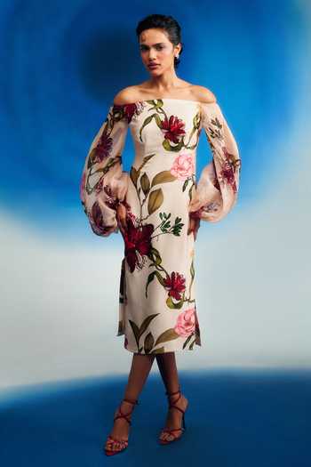 Shriya Som Pink Organza, Satin Off-shoulder Off Printed Dress Online at Aza Fashions Shriya Som_Pink Organza, Satin Off-shoulder Off Printed Dress _Online_at_Aza_Fashions