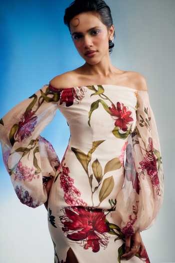 Buy Shriya Som Pink Organza, Satin Off-shoulder Off Printed Dress Online at Aza Fashions Buy_Shriya Som_Pink Organza, Satin Off-shoulder Off Printed Dress _Online_at_Aza_Fashions