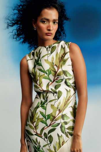Shriya Som Green Satin High Neck Assymetric Fringe Dress Online at Aza Fashions Shriya Som_Green Satin High Neck Assymetric Fringe Dress _Online_at_Aza_Fashions