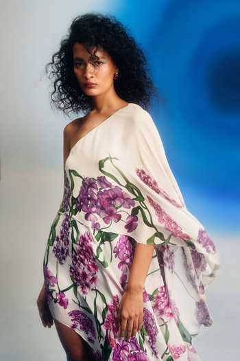Buy Shriya Som White Chiffon One Shoulder, Asymmetric Neck Wild Wisteria Print Dress Online at Aza Fashions Buy_Shriya Som_White Chiffon One Shoulder, Asymmetric Neck Wild Wisteria Print Dress _Online_at_Aza_Fashions
