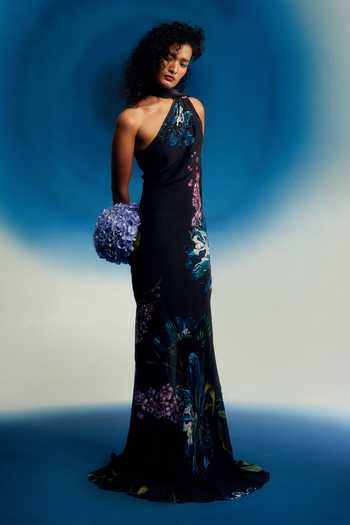 Buy Shriya Som Black Crepe, Chiffon Embroidery Halter Neck Printed Scarf Gown Online at Aza Fashions Buy_Shriya Som_Black Crepe, Chiffon Embroidery Halter Neck Printed Scarf Gown _Online_at_Aza_Fashions