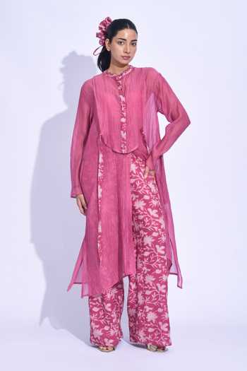 JAYATI GOENKA Pink Silk, Silk, V-neck, Yes Sangria Mori Yoke Tunic Set Online at Aza Fashions JAYATI GOENKA_Pink Silk, Silk, V-neck, Yes Sangria Mori Yoke Tunic Set _Online_at_Aza_Fashions
