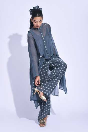 Buy JAYATI GOENKA Grey Chanderi Silk Mandarin Collar Kala Tama Yoke Tunic Set Online at Aza Fashions Buy_JAYATI GOENKA_Grey Chanderi Silk Mandarin Collar Kala Tama Yoke Tunic Set _Online_at_Aza_Fashions