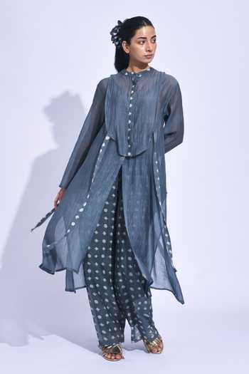 Shop JAYATI GOENKA Grey Chanderi Silk Mandarin Collar Kala Tama Yoke Tunic Set Online at Aza Fashions Shop_JAYATI GOENKA_Grey Chanderi Silk Mandarin Collar Kala Tama Yoke Tunic Set _Online_at_Aza_Fashions