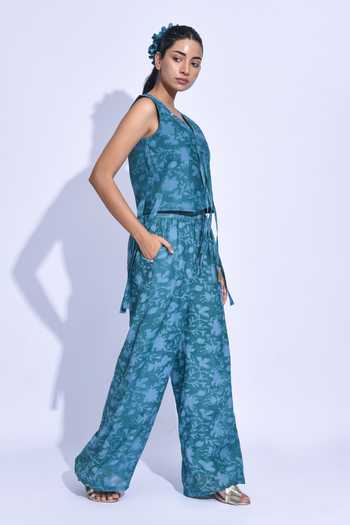 Buy JAYATI GOENKA Blue Chanderi Silk V-neck Mori Vest Set Online at Aza Fashions Buy_JAYATI GOENKA_Blue Chanderi Silk V-neck Mori Vest Set _Online_at_Aza_Fashions