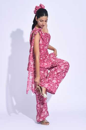 JAYATI GOENKA Wine Chanderi Silk One Shoulder Sangria Top Set Online at Aza Fashions JAYATI GOENKA_Wine Chanderi Silk One Shoulder Sangria Top Set _Online_at_Aza_Fashions
