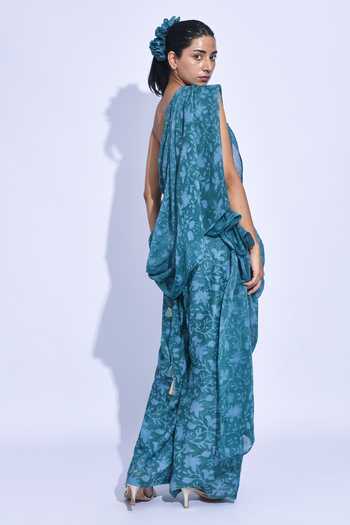 Buy JAYATI GOENKA Blue Chanderi Silk Zari Bandeau Neck Dissected Printed Corset Trouser Set Online at Aza Fashions Buy_JAYATI GOENKA_Blue Chanderi Silk Zari Bandeau Neck Dissected Printed Corset Trouser Set _Online_at_Aza_Fashions