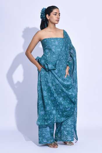 Shop JAYATI GOENKA Blue Chanderi Silk Zari Bandeau Neck Dissected Printed Corset Trouser Set Online at Aza Fashions Shop_JAYATI GOENKA_Blue Chanderi Silk Zari Bandeau Neck Dissected Printed Corset Trouser Set _Online_at_Aza_Fashions
