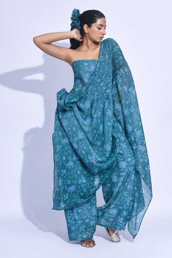 Buy JAYATI GOENKA Blue Chanderi Silk Zari Bandeau Neck Dissected Printed Corset Trouser Set Buy_JAYATI GOENKA_Blue Chanderi Silk Zari Bandeau Neck Dissected Printed Corset Trouser Set