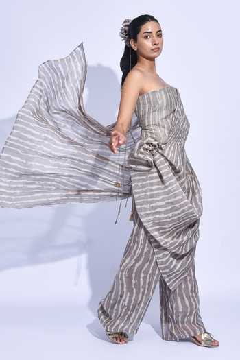 Buy JAYATI GOENKA Grey Chanderi Silk Metallic Thread Bandeau Neck Dissected Corset Trouser Set Buy_JAYATI GOENKA_Grey Chanderi Silk Metallic Thread Bandeau Neck Dissected Corset Trouser Set