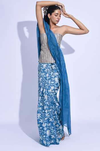 JAYATI GOENKA Blue Chanderi Silk Nami Sari Indigo Mori Saree Online at Aza Fashions JAYATI GOENKA_Blue Chanderi Silk Nami Sari Indigo Mori Saree _Online_at_Aza_Fashions