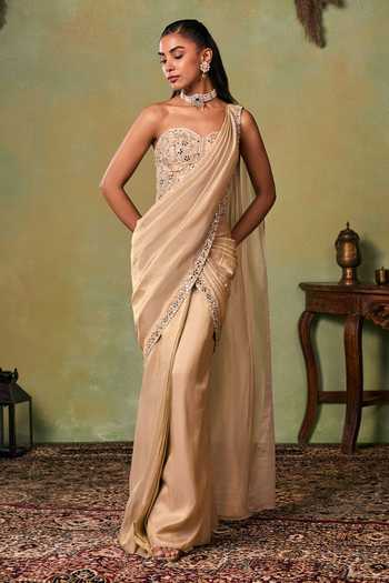 Shop Seema Thukral Gold Satin, Tissue Embroidery Sweetheart Bella Pre-draped Saree And Corset Set Online at Aza Fashions Shop_Seema Thukral_Gold Satin, Tissue Embroidery Sweetheart Bella Pre-draped Saree And Corset Set _Online_at_Aza_Fashions