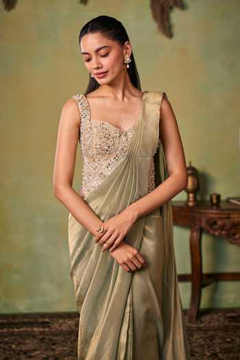 Seema Thukral Green Tissue, Satin Sweetheart Neck Metallic Pre-draped Saree And Choli Set Online at Aza Fashions Seema Thukral_Green Tissue, Satin Sweetheart Neck Metallic Pre-draped Saree And Choli Set _Online_at_Aza_Fashions