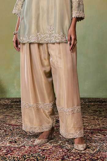 Seema Thukral Green Satin, Tissue Split V-neck Quinn Kurta And Salwar Set at Aza Fashions Seema Thukral_Green Satin, Tissue Split V-neck Quinn Kurta And Salwar Set _at_Aza_Fashions