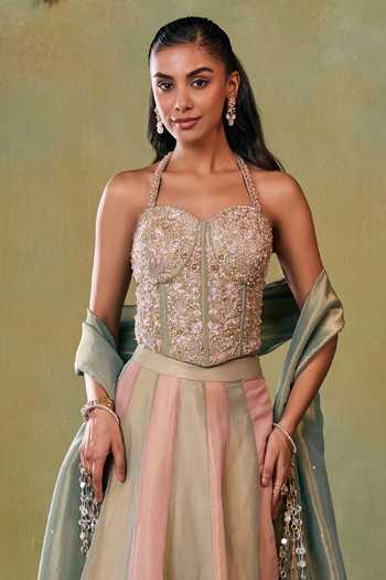 Buy Seema Thukral Green Satin, Tissue Sweetheart Neck Delilah Lehenga Set Online at Aza Fashions Buy_Seema Thukral_Green Satin, Tissue Sweetheart Neck Delilah Lehenga Set _Online_at_Aza_Fashions