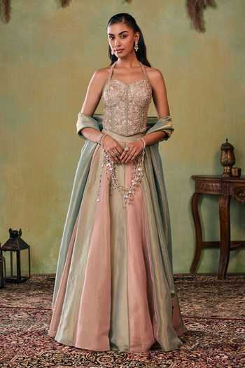 Shop Seema Thukral Green Satin, Tissue Sweetheart Neck Delilah Lehenga Set Shop_Seema Thukral_Green Satin, Tissue Sweetheart Neck Delilah Lehenga Set
