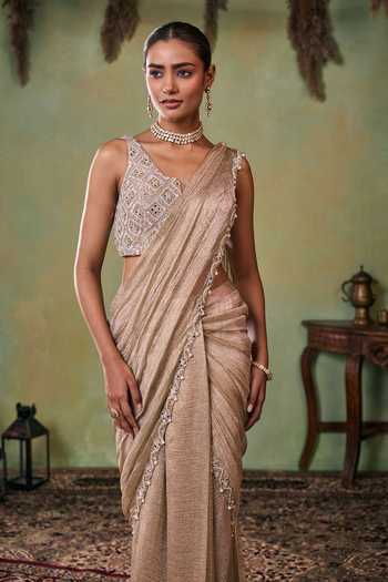 Buy Seema Thukral Gold Satin, Tissue V-neck Aurelia Pre-draped Saree And Choli Set Online at Aza Fashions Buy_Seema Thukral_Gold Satin, Tissue V-neck Aurelia Pre-draped Saree And Choli Set _Online_at_Aza_Fashions
