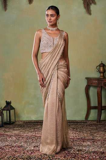 Shop Seema Thukral Gold Satin, Tissue V-neck Aurelia Pre-draped Saree And Choli Set Online at Aza Fashions Shop_Seema Thukral_Gold Satin, Tissue V-neck Aurelia Pre-draped Saree And Choli Set _Online_at_Aza_Fashions