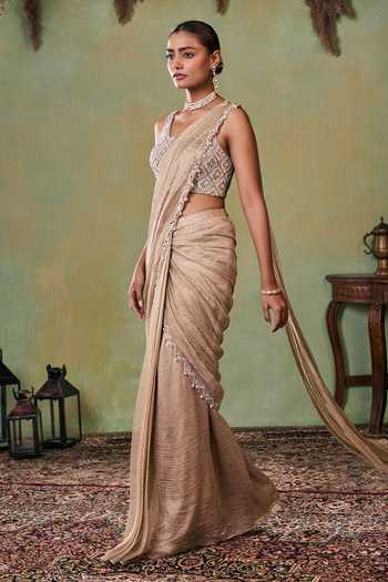 Seema Thukral Gold Satin, Tissue V-neck Aurelia Pre-draped Saree And Choli Set at Aza Fashions Seema Thukral_Gold Satin, Tissue V-neck Aurelia Pre-draped Saree And Choli Set _at_Aza_Fashions
