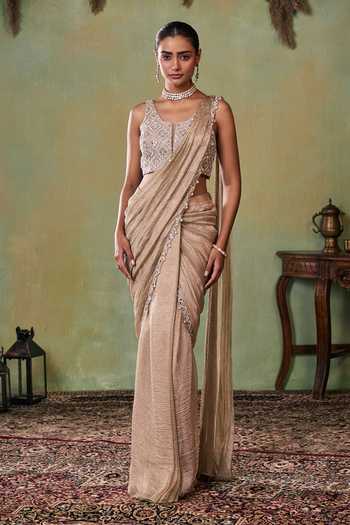 Buy Seema Thukral Gold Satin, Tissue V-neck Aurelia Pre-draped Saree And Choli Set Buy_Seema Thukral_Gold Satin, Tissue V-neck Aurelia Pre-draped Saree And Choli Set