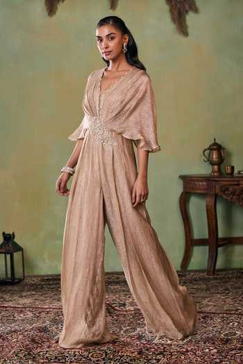 Seema Thukral Gold Satin, Tissue V-neck Charlette Pleated Jumpsuit Online at Aza Fashions Seema Thukral_Gold Satin, Tissue V-neck Charlette Pleated Jumpsuit _Online_at_Aza_Fashions