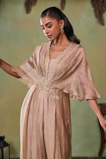 Buy Seema Thukral Gold Satin, Tissue V-neck Charlette Pleated Jumpsuit Online at Aza Fashions Buy_Seema Thukral_Gold Satin, Tissue V-neck Charlette Pleated Jumpsuit _Online_at_Aza_Fashions