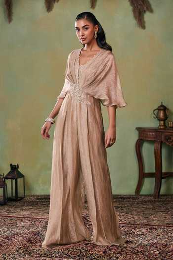 Shop Seema Thukral Gold Satin, Tissue V-neck Charlette Pleated Jumpsuit Online at Aza Fashions Shop_Seema Thukral_Gold Satin, Tissue V-neck Charlette Pleated Jumpsuit _Online_at_Aza_Fashions