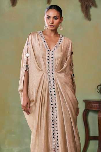 Seema Thukral Gold Satin, Tissue V-neck Ayela Hand Work Kaftan Online at Aza Fashions Seema Thukral_Gold Satin, Tissue V-neck Ayela Hand Work Kaftan _Online_at_Aza_Fashions