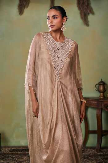 Seema Thukral Gold Satin, Tissue Round Neck Talia Kaftan And Pant Set Online at Aza Fashions Seema Thukral_Gold Satin, Tissue Round Neck Talia Kaftan And Pant Set _Online_at_Aza_Fashions