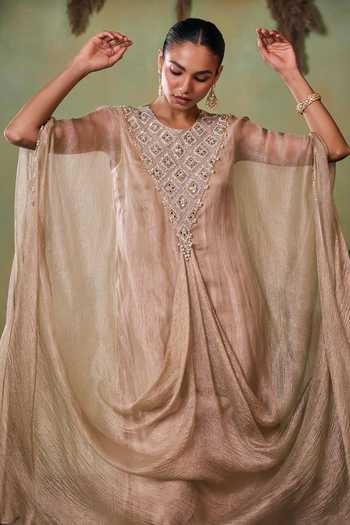 Shop Seema Thukral Gold Satin, Tissue Round Neck Talia Kaftan And Pant Set Online at Aza Fashions Shop_Seema Thukral_Gold Satin, Tissue Round Neck Talia Kaftan And Pant Set _Online_at_Aza_Fashions