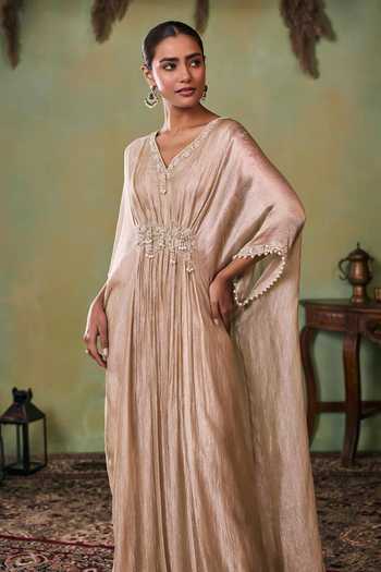Seema Thukral Gold Tissue, Satin V-neck Zuri Hand Work Aari Embellished Kaftan Online at Aza Fashions Seema Thukral_Gold Tissue, Satin V-neck Zuri Hand Work Aari Embellished Kaftan _Online_at_Aza_Fashions