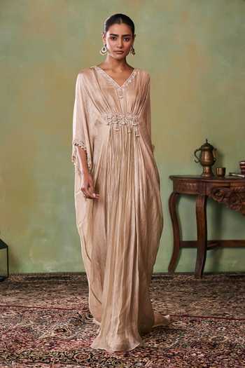 Buy Seema Thukral Gold Tissue, Satin V-neck Zuri Hand Work Aari Embellished Kaftan Online at Aza Fashions Buy_Seema Thukral_Gold Tissue, Satin V-neck Zuri Hand Work Aari Embellished Kaftan _Online_at_Aza_Fashions