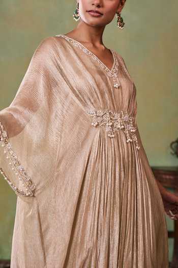Shop Seema Thukral Gold Tissue, Satin V-neck Zuri Hand Work Aari Embellished Kaftan Online at Aza Fashions Shop_Seema Thukral_Gold Tissue, Satin V-neck Zuri Hand Work Aari Embellished Kaftan _Online_at_Aza_Fashions