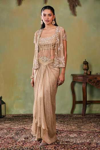 Seema Thukral Gold Satin, Tissue Open , Square Elara Embellished Jacket And Skirt Set at Aza Fashions Seema Thukral_Gold Satin, Tissue Open , Square Elara Embellished Jacket And Skirt Set _at_Aza_Fashions