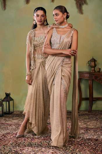 Buy Seema Thukral Gold Satin, Tissue Open , Square Elara Embellished Jacket And Skirt Set Buy_Seema Thukral_Gold Satin, Tissue Open , Square Elara Embellished Jacket And Skirt Set