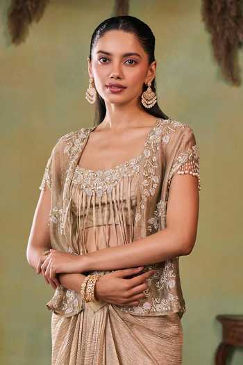 Shop Seema Thukral Gold Satin, Tissue Open , Square Elara Embellished Jacket And Skirt Set Shop_Seema Thukral_Gold Satin, Tissue Open , Square Elara Embellished Jacket And Skirt Set