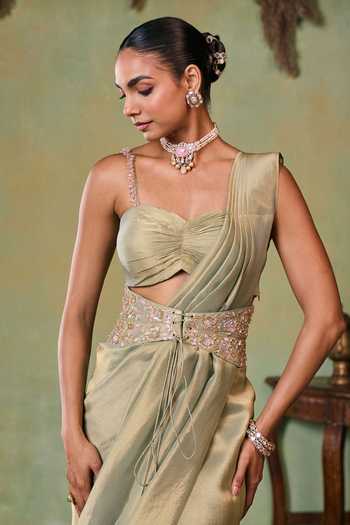 Buy Seema Thukral Green Satin, Tissue Sweetheart Neck Morley Pre-draped Saree And Choli Set Online at Aza Fashions Buy_Seema Thukral_Green Satin, Tissue Sweetheart Neck Morley Pre-draped Saree And Choli Set _Online_at_Aza_Fashions