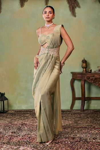 Shop Seema Thukral Green Satin, Tissue Sweetheart Neck Morley Pre-draped Saree And Choli Set Online at Aza Fashions Shop_Seema Thukral_Green Satin, Tissue Sweetheart Neck Morley Pre-draped Saree And Choli Set _Online_at_Aza_Fashions