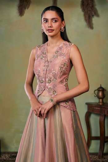 Buy Seema Thukral Green Satin, Tissue V-neck Rosalia Embroidered Jacket And Lehenga Set Online at Aza Fashions Buy_Seema Thukral_Green Satin, Tissue V-neck Rosalia Embroidered Jacket And Lehenga Set _Online_at_Aza_Fashions