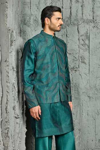 Sarab Khanijou Green Wave Nehru Jacket & Kurta Set 